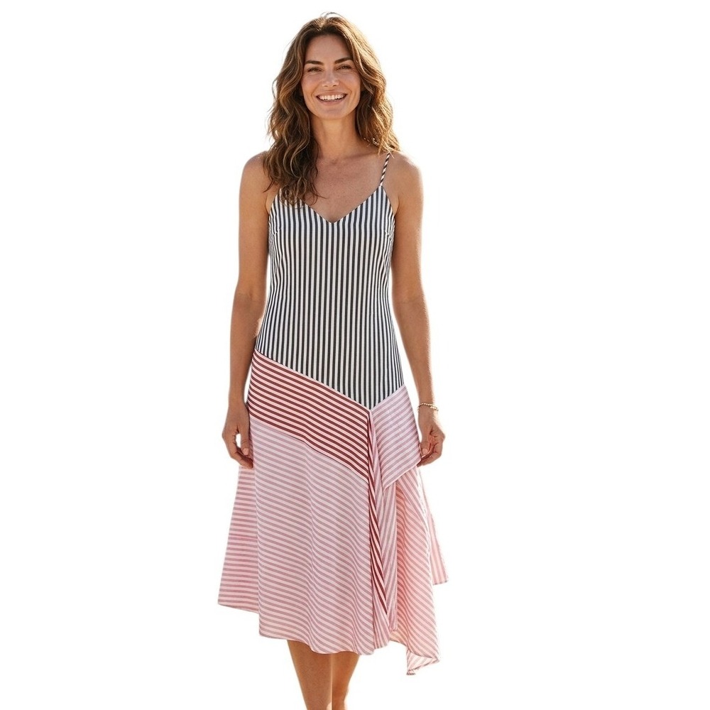 VICI Wanderlust Asymmetrical Contrast Stripe Panel Slip Dress Maxi Beachy Dress